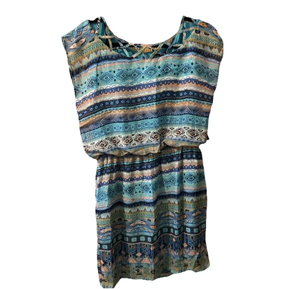 City Triangles Aztec Cage Front Mini Dress Size XL Aqua Summer Beach Vacation - Picture 1 of 7